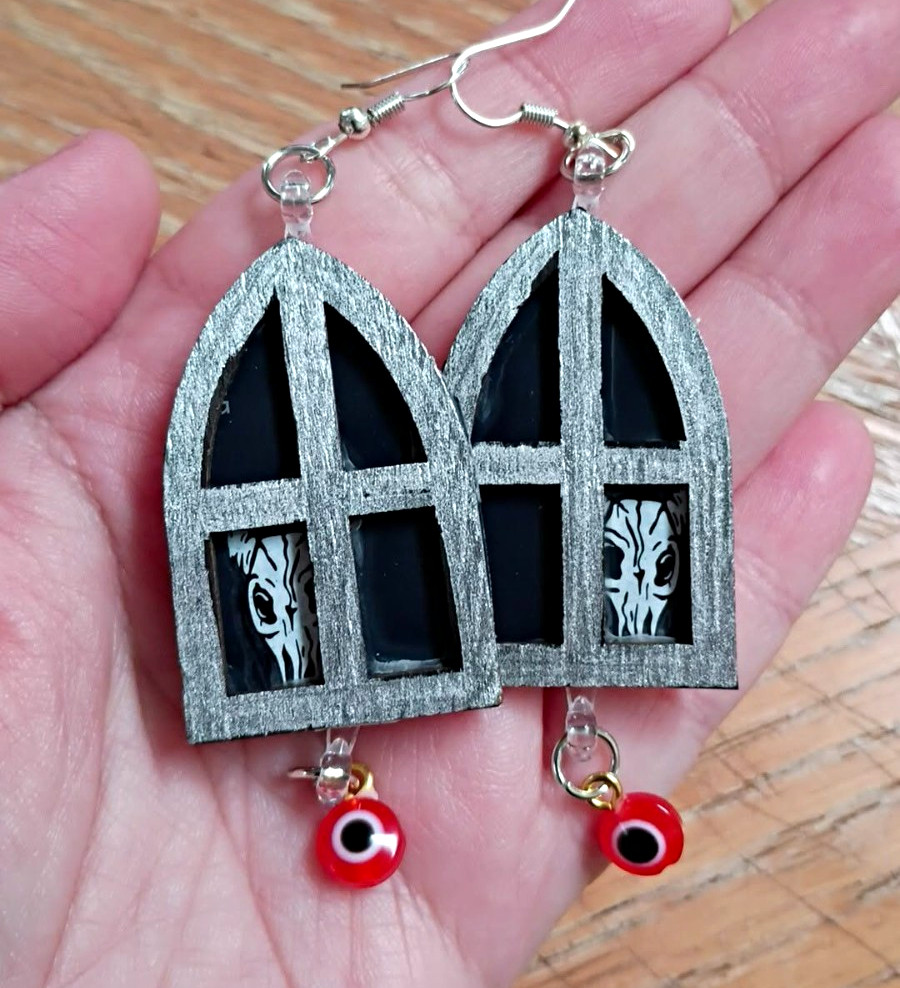 Handcrafted Gothic Arch Dangle/Drop Hook Earrings Silver w/ Red Black White