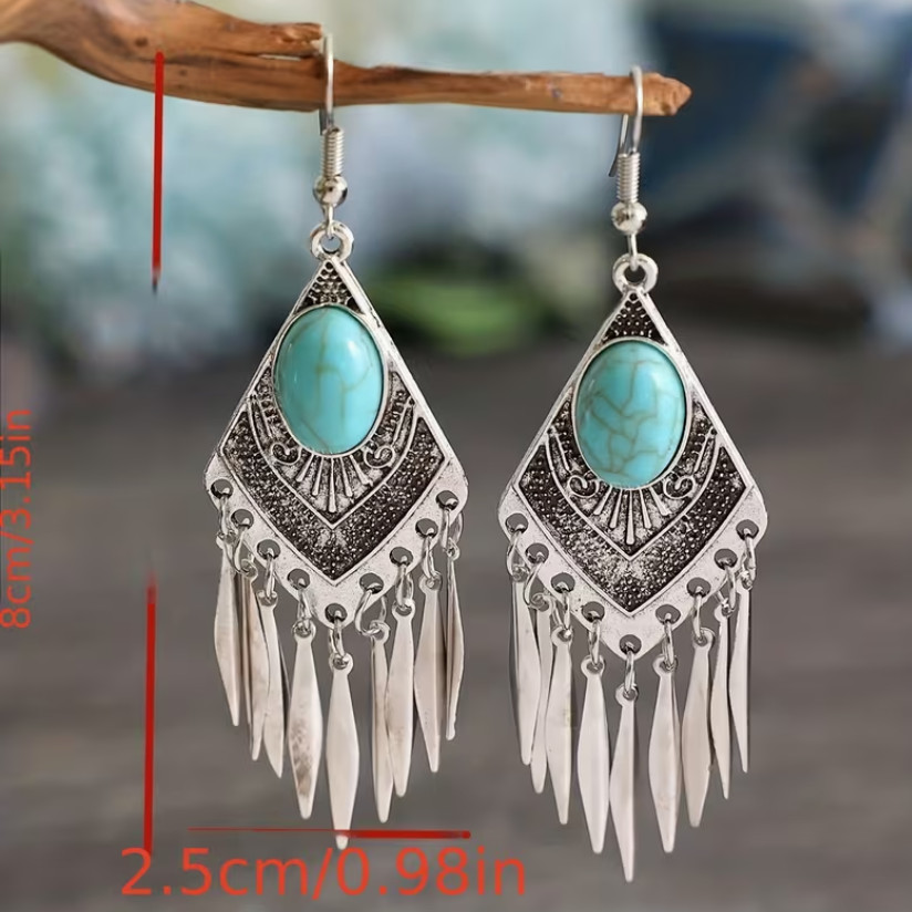 Bohemian Ethnic Style Turquoise Design Hook Earrings Zinc Alloy Silver Plated