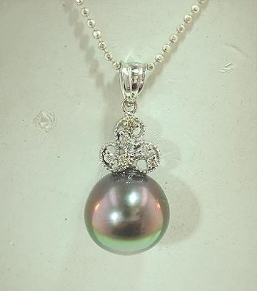 14k White Gold 12.2mm 13.04Cts Black Tahitian Pearl 0.06Cts Diamond Pendant #1