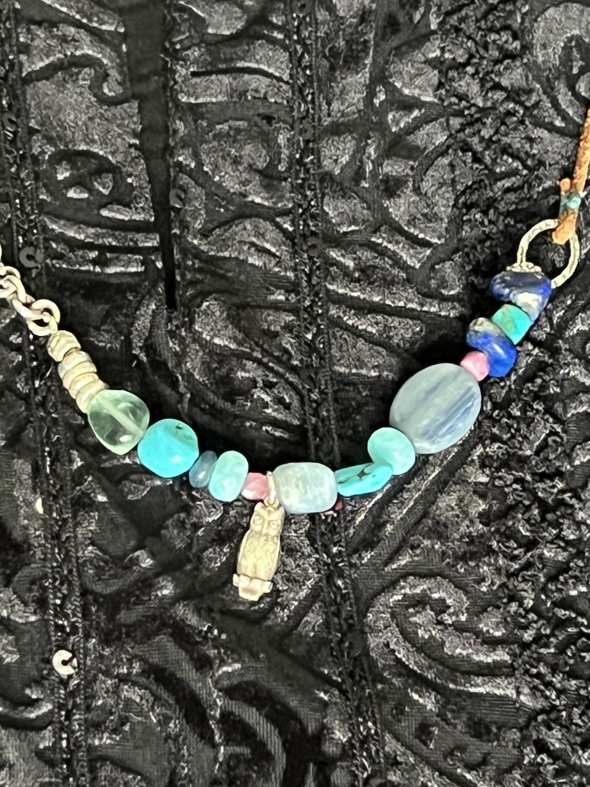 HeyHey Be Wise Gemstone Necklace Sterling Owl Leather Kyanite Turquoise Lapis