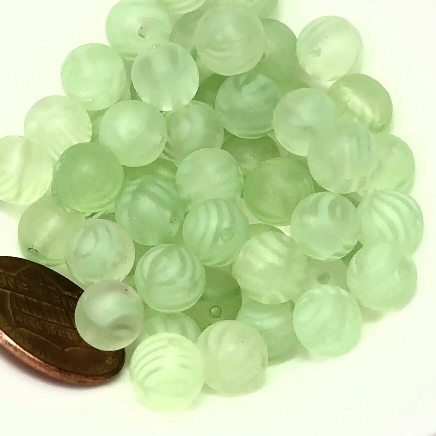 Czech Pressed Druk Round Glass Beads, 8mm Crystal Green Stripes Matt 50pc CL078