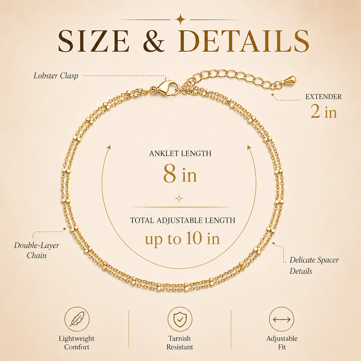 Uxvwez Gold Silver Anklet for Women Dainty Double Layer Chain Adjustable Ankle