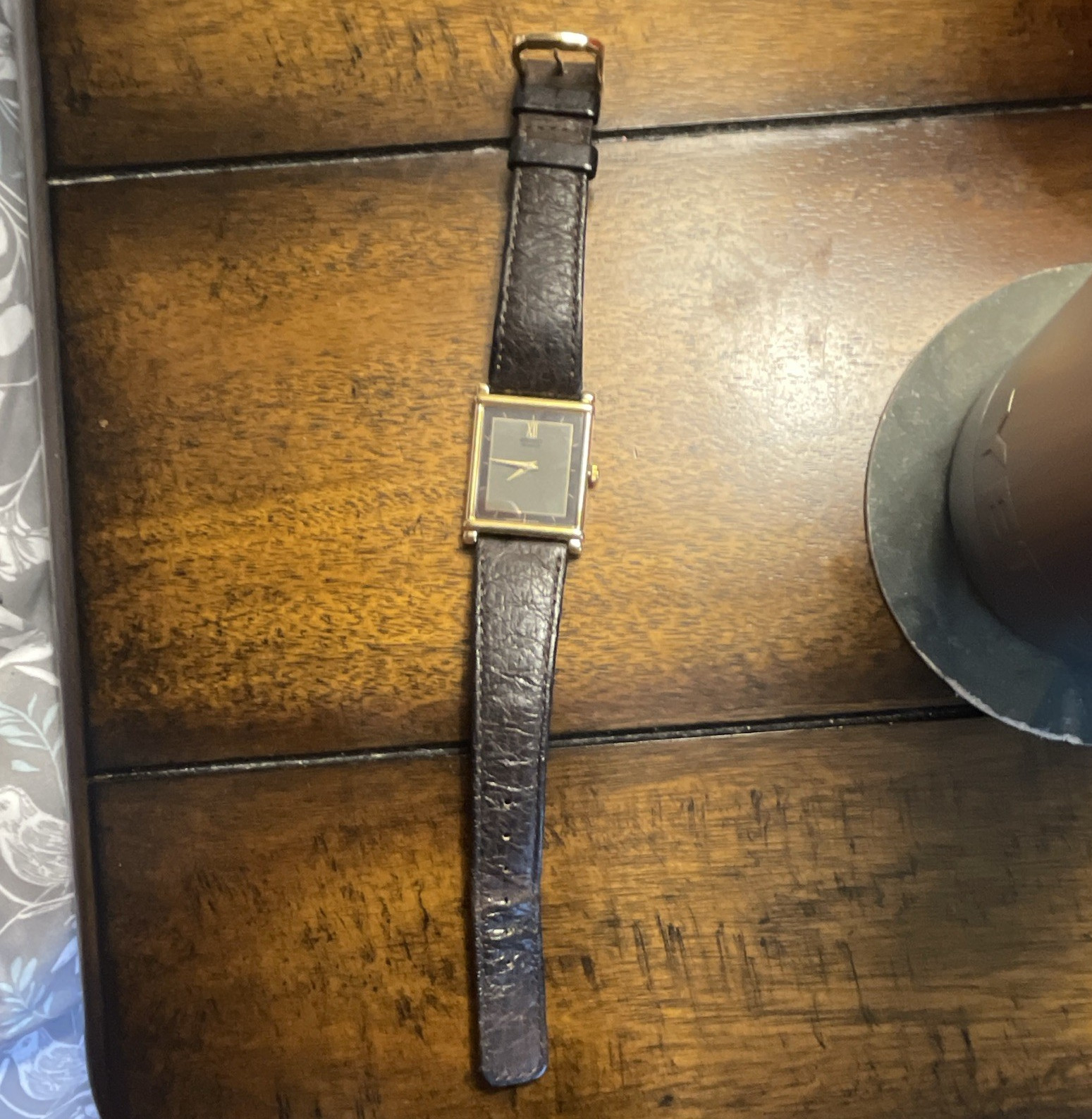Drill Rectangular Dress Watch Quartz Black Dial Gold Case Leather