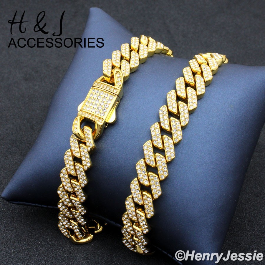 16″-40″MEN Stainless Steel Full ICY CZ 10mm Gold Plated Miami Cuban Necklace*171