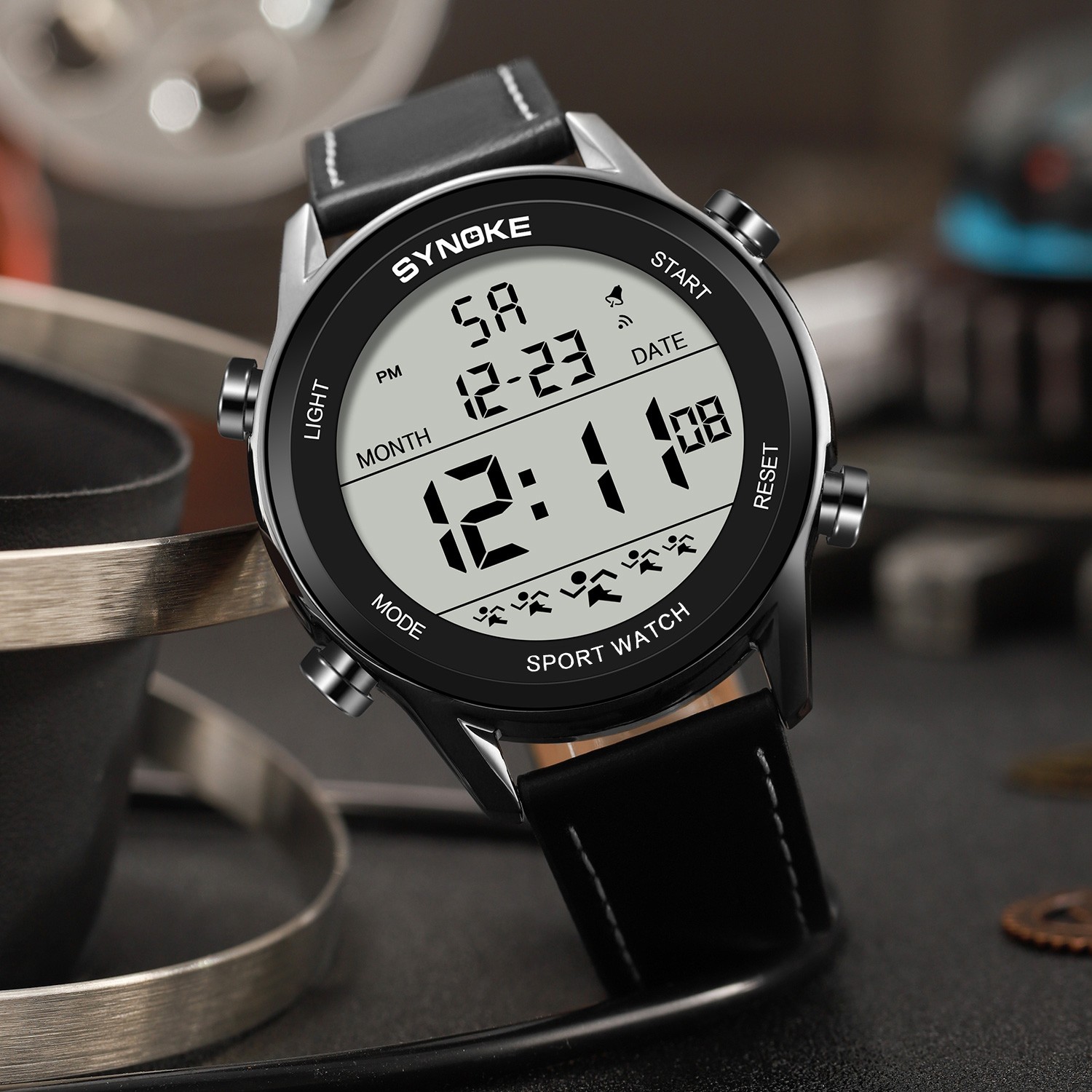 Mens Digital Sport Watch Leather Strap Electrical Wristwatch 50M Waterproof Gift