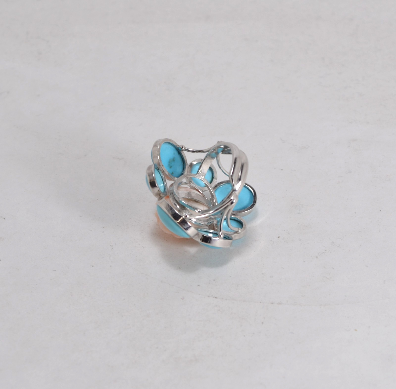 925 SILVER RING RHODIUM NATURAL TURQUOISE PINK CORAL PINK AGNK 0123