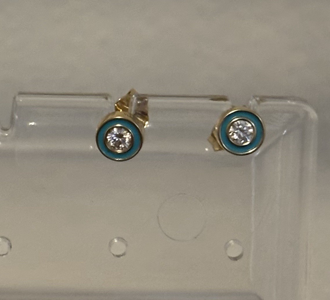 Sydney Evan Blue Enamel 14kt Gold Diamond Stud Earrings Pair- Retired Design