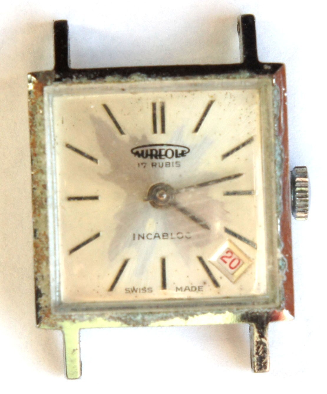 Vintage Aureole 17 Rubis Incabloc Square Swiss Watch Date Runs Well 19.5mm Case