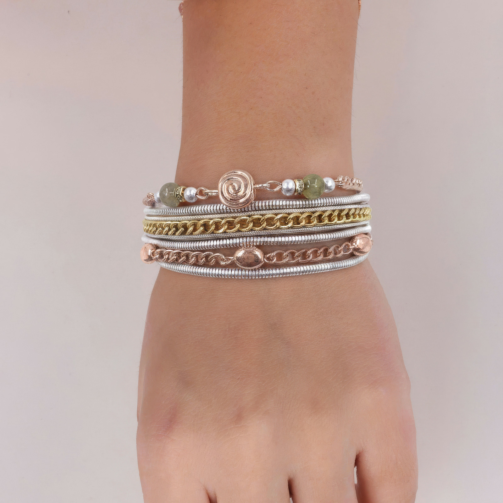 Swirl Disc Semi-Precious Beads Multichain Magnetic Bracelet