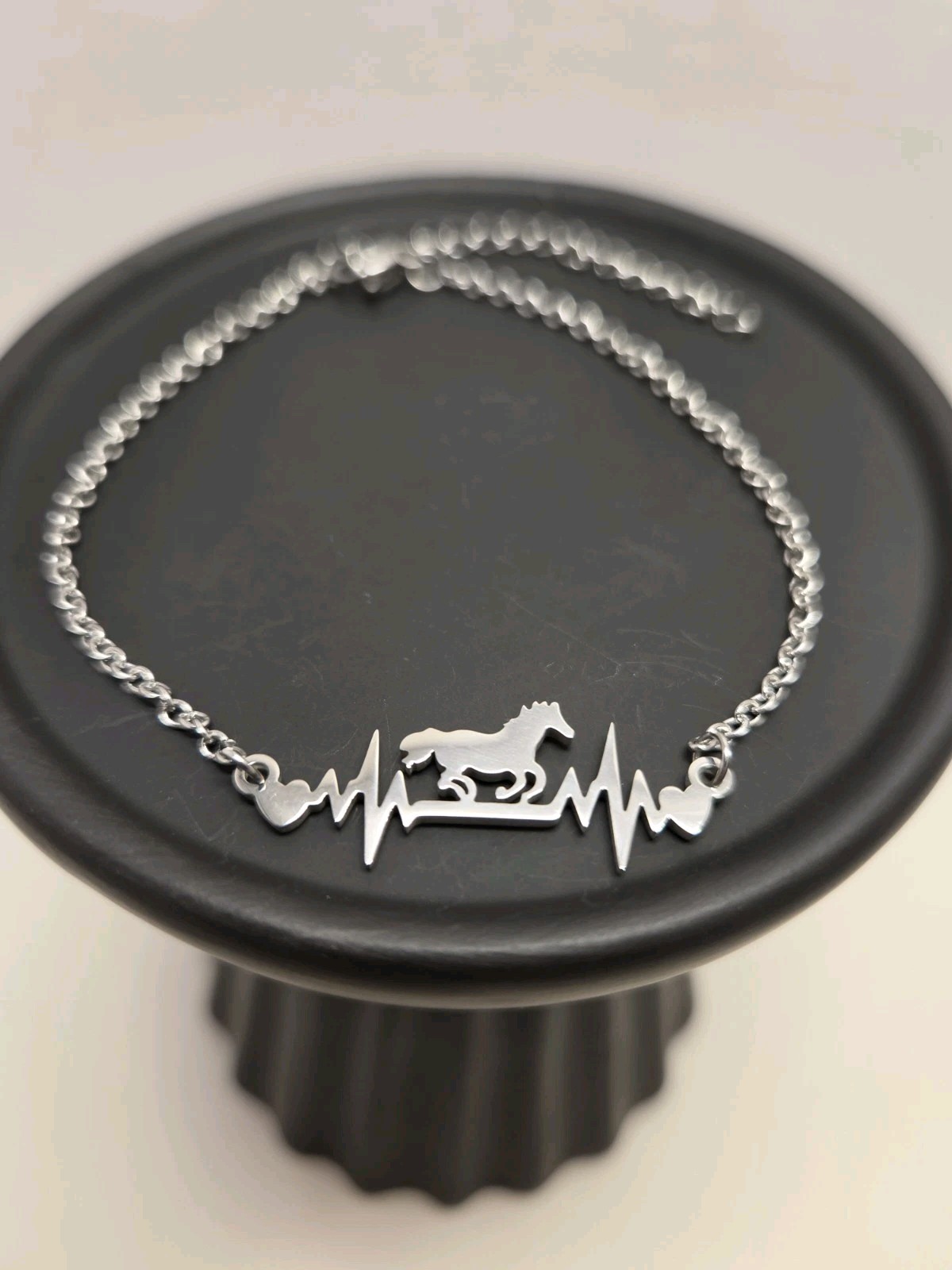 Silver Tone Stainless Steel Horse Heartbeat Charm Cable Chain Bracelet 8in