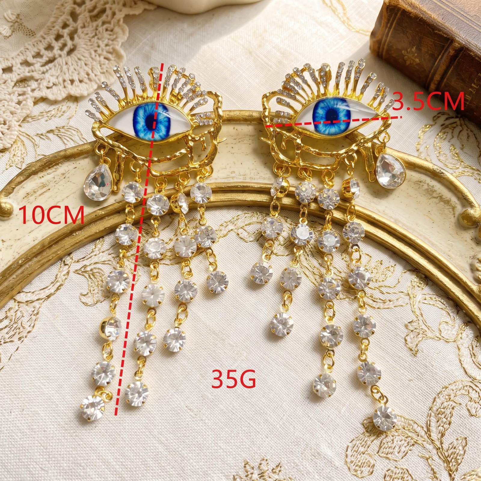 Blue Evil Eye Dangle Earrings, Schiaparelli Style Gold Baroque Crystal Tassel