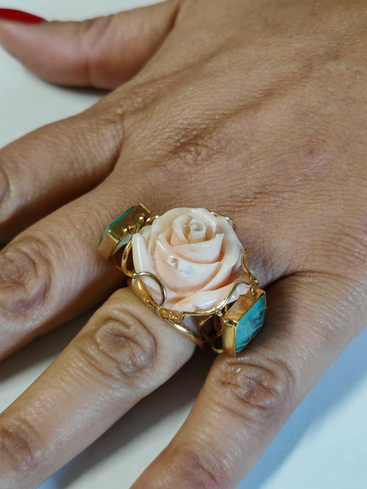 Women’s Ring Real Coral Pink Band 925 Silver Plac Yellow Gold Handmade