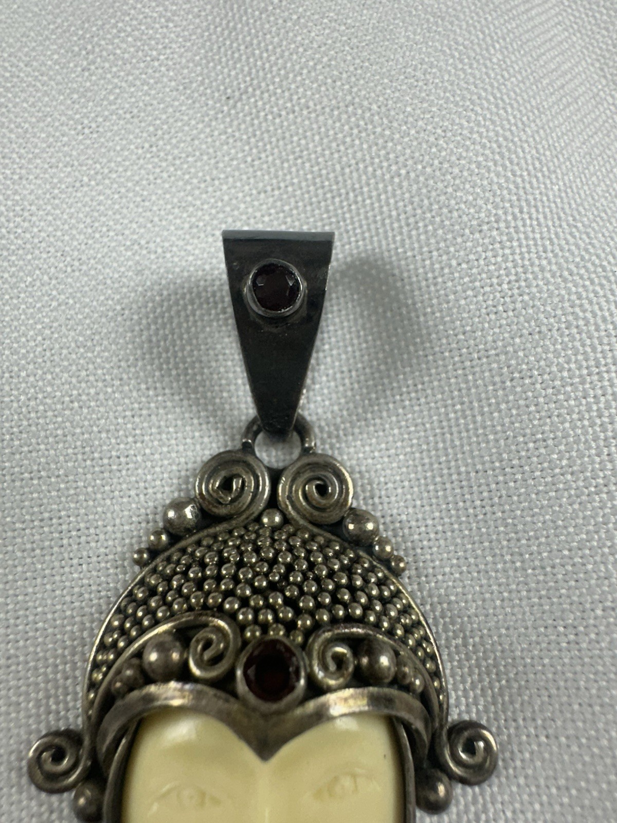 Vintage Sajen Sterling Silver 925 Carved Face Goddess Red Gemstones Pendant 2″