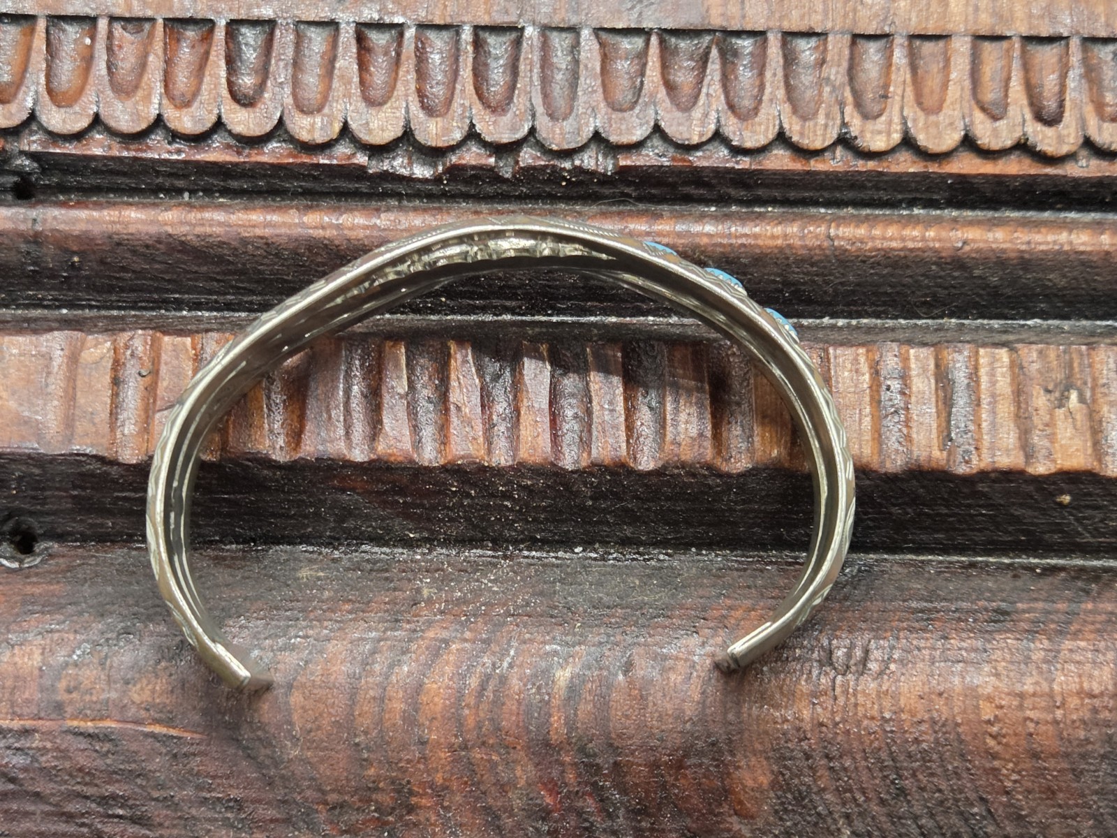 Vtg NICKLE SILVER BELL TRADING POST Southwest Navajo TURQUOISE Cuff Bracelet