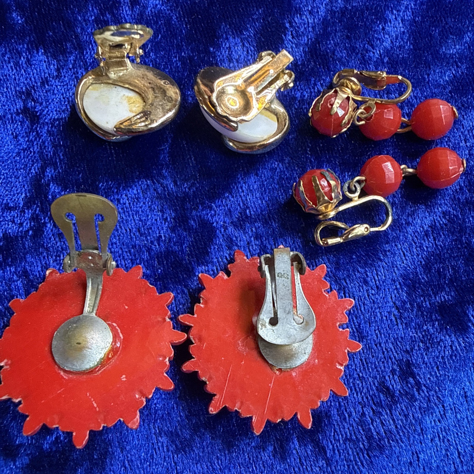 Vintage Clip On Earrings Lot of 3 Pairs Costume Jewelry Red White Mix Materials