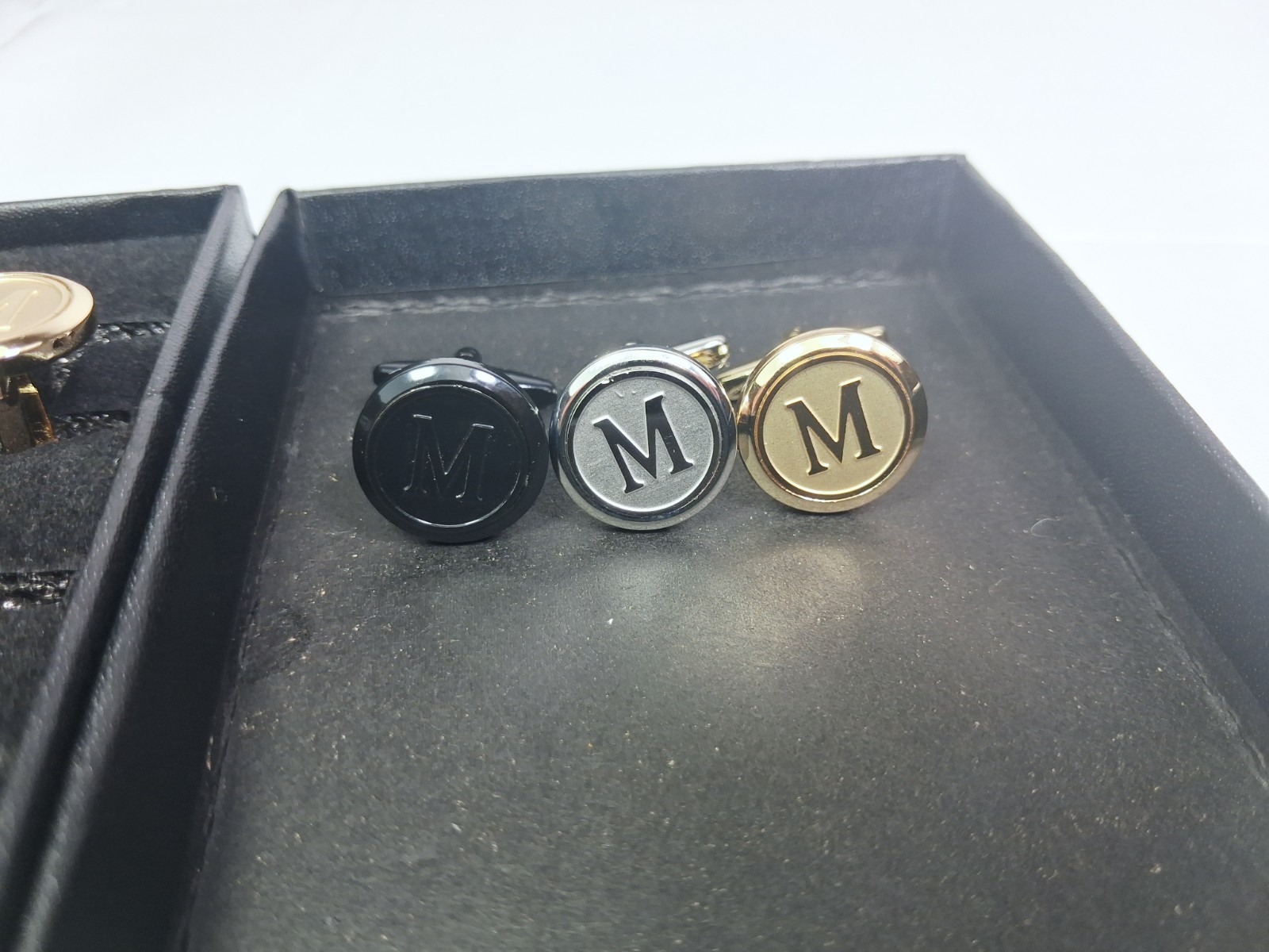 6 Pc Monogram Letter M Cufflinks Set Black Silver Gold Tone Round Cuff Links