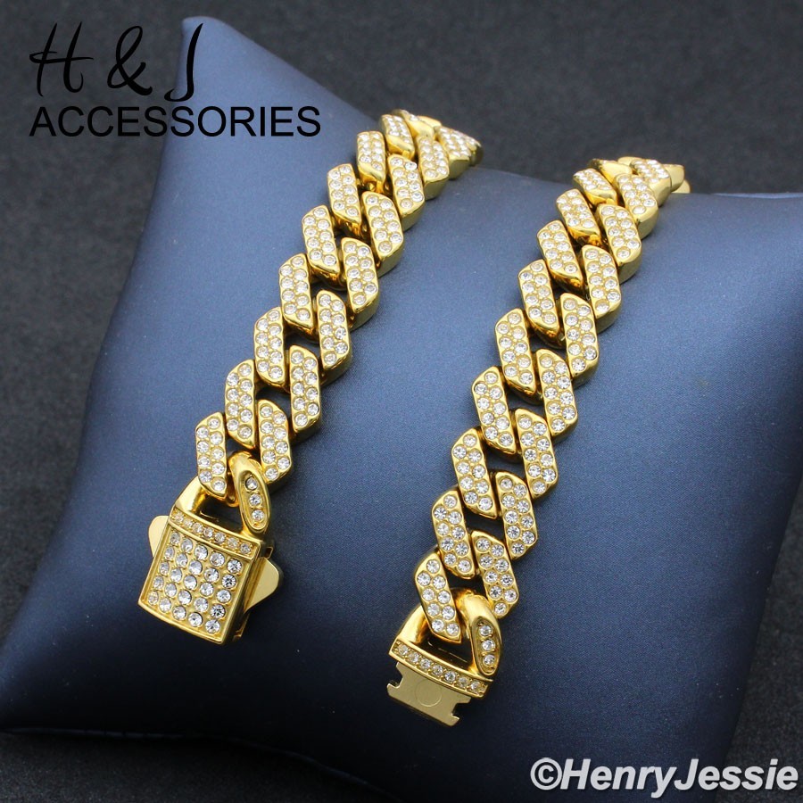 16″-40″MEN Stainless Steel Full ICY CZ 10mm Gold Plated Miami Cuban Necklace*171