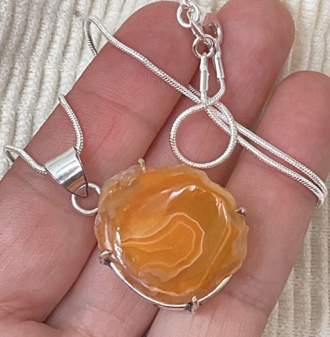 Sterling Silver plated Carnelian Agate Slice Pendant Necklace