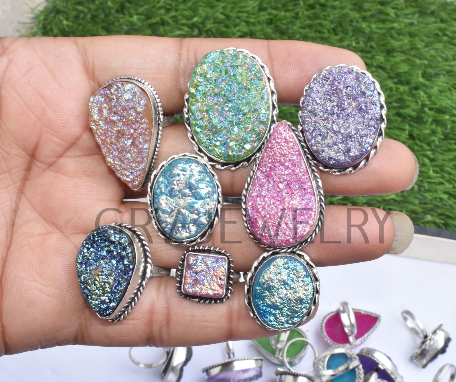 1-500 Pcs Coated Druzy In Wholesale Gemstone Rings Lot: Silver Plated Whr-69