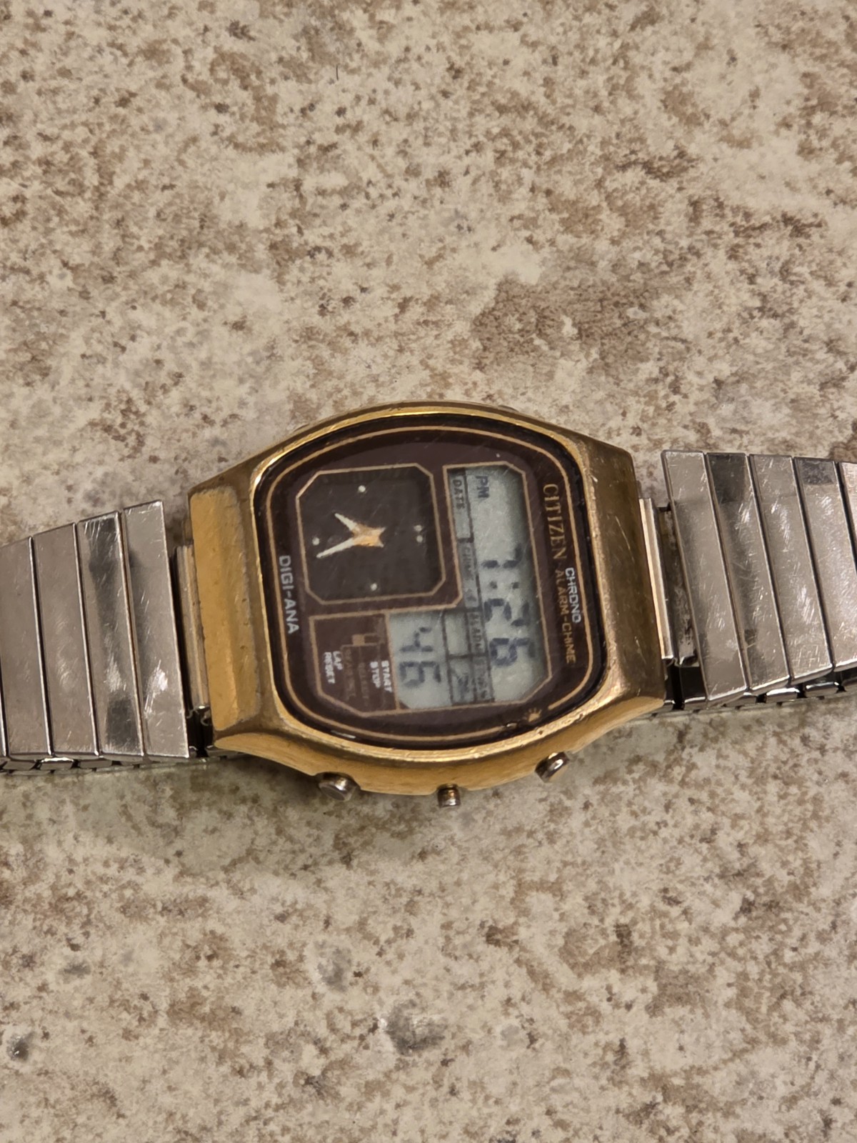 Citizen 41-9524 Gold/Brown Chrono Dual Time Digital Ana Watch * WORKING * READ