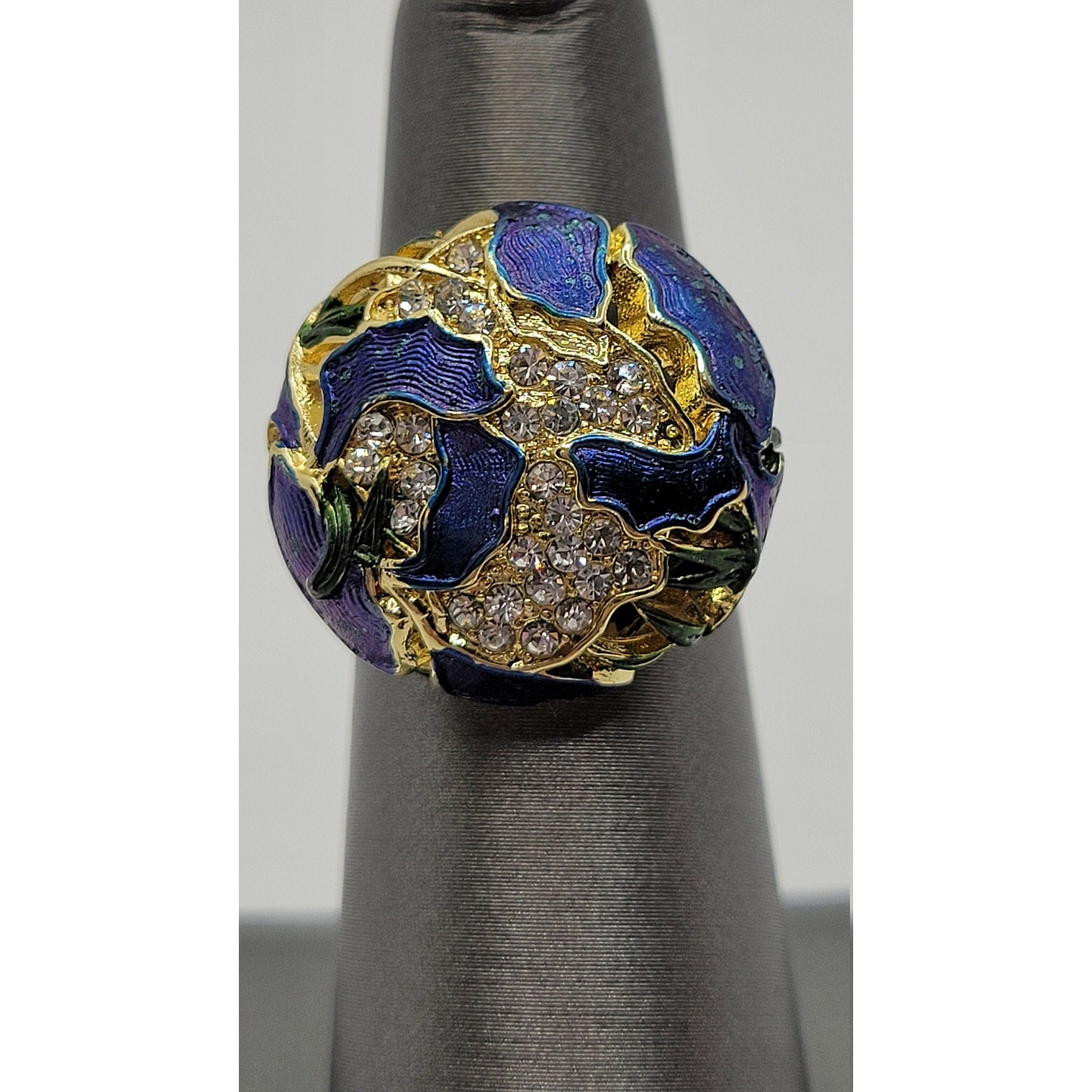 Cobalt Blue Iris Crystal Statement Dome Ring Rhinestones Pinky Size 5.5 Flower
