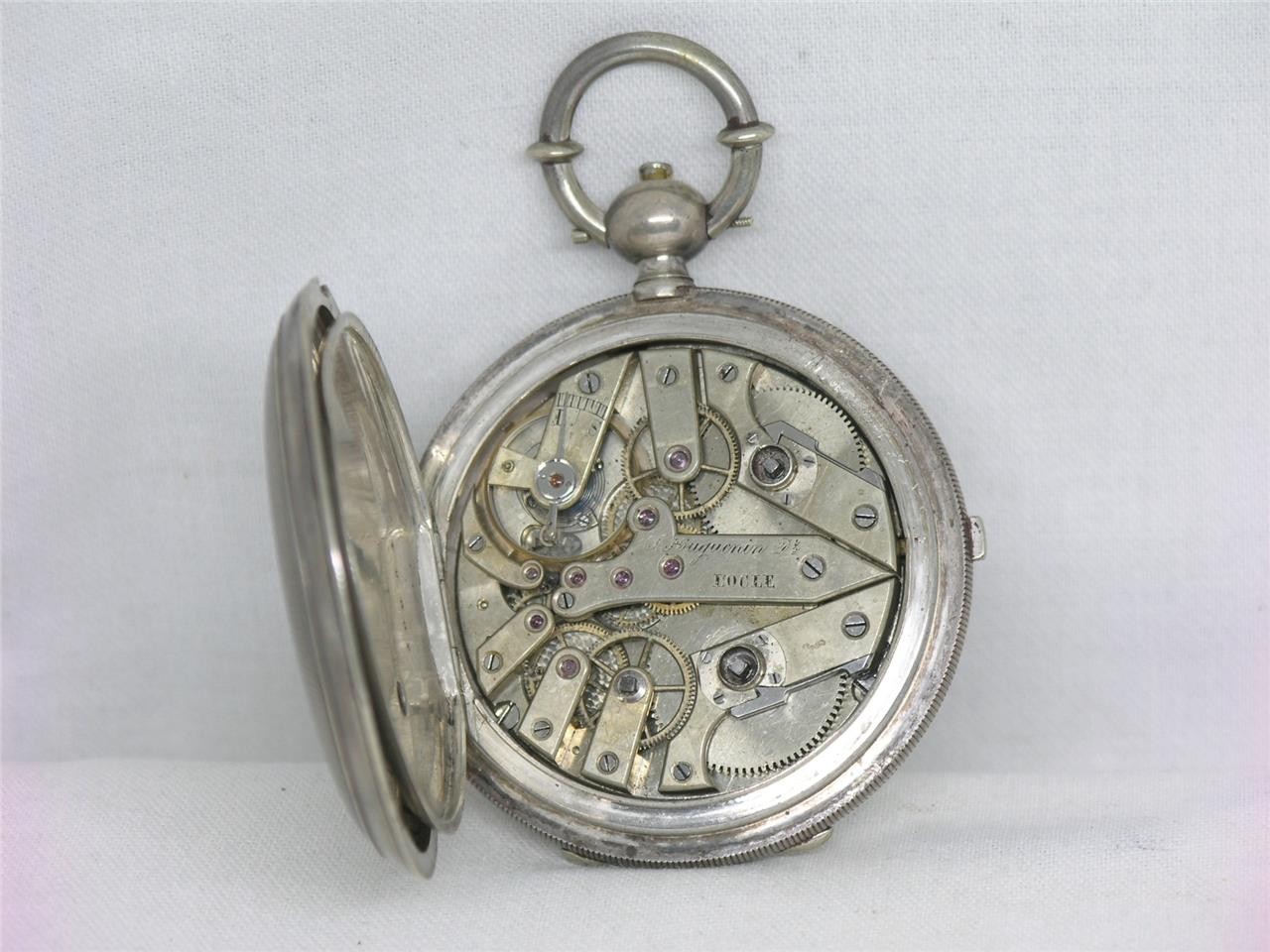 ANTIQUE 57MM HUGUENIN 1/4 JUMP SECONDS POCKETWATCH, ORIGINAL CASE, RUNNING!