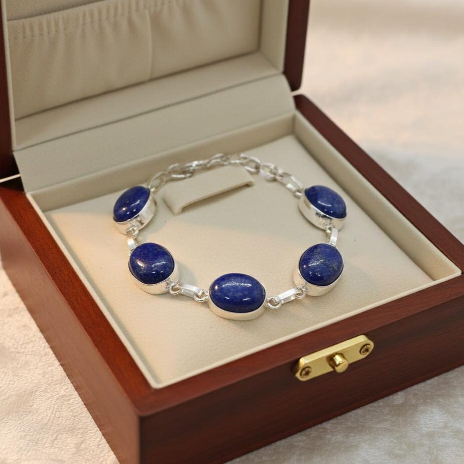 Natural Lapis Lazuli Bracelet Blue Oval Gemstone Adjustable Silver Tone 50-60 Ct