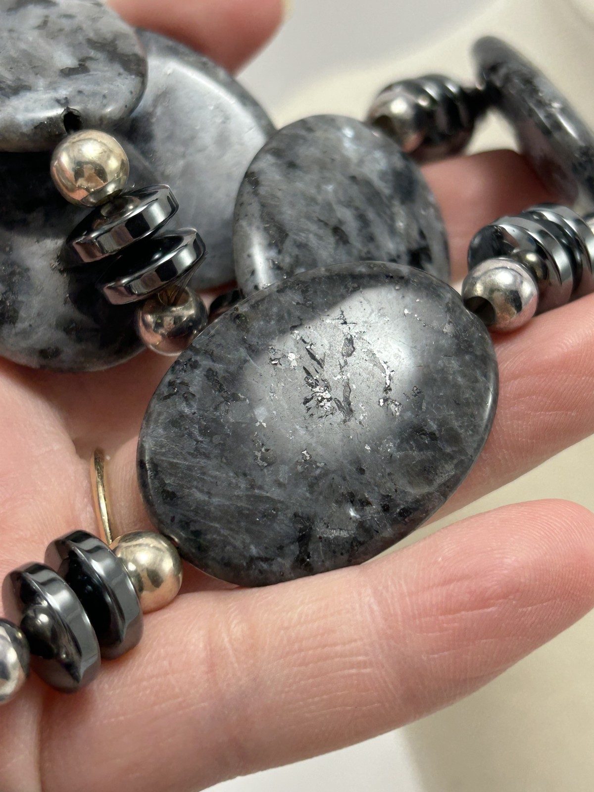 Larvikite Labradorite Hematite Silver Beaded Necklace Handmade Blue Flash Oval
