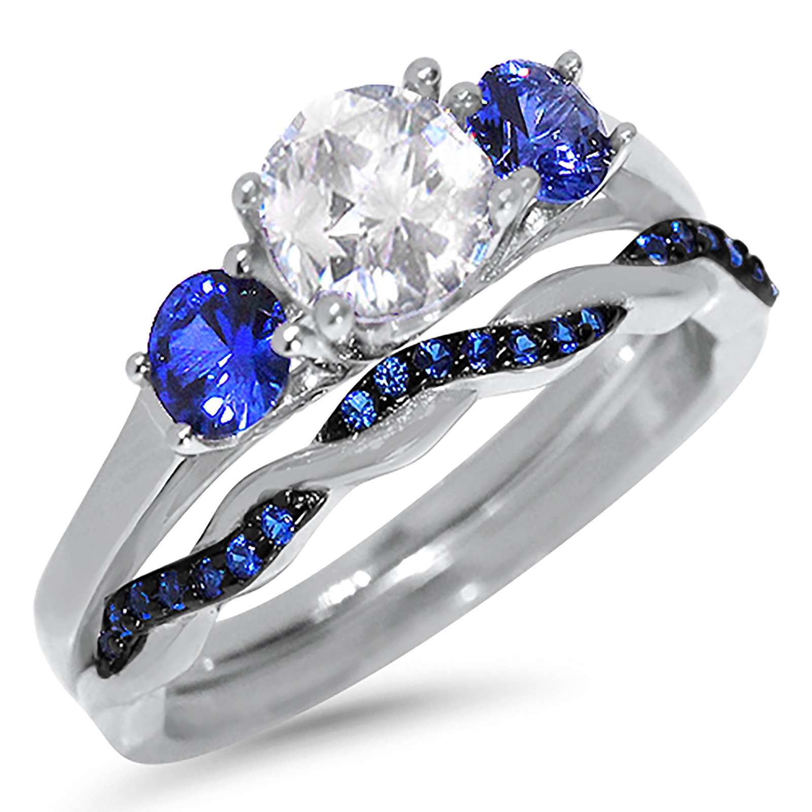 His Her Blue Simulated Sapphire CZ Silver Steel TRIO Wedding Ring Set