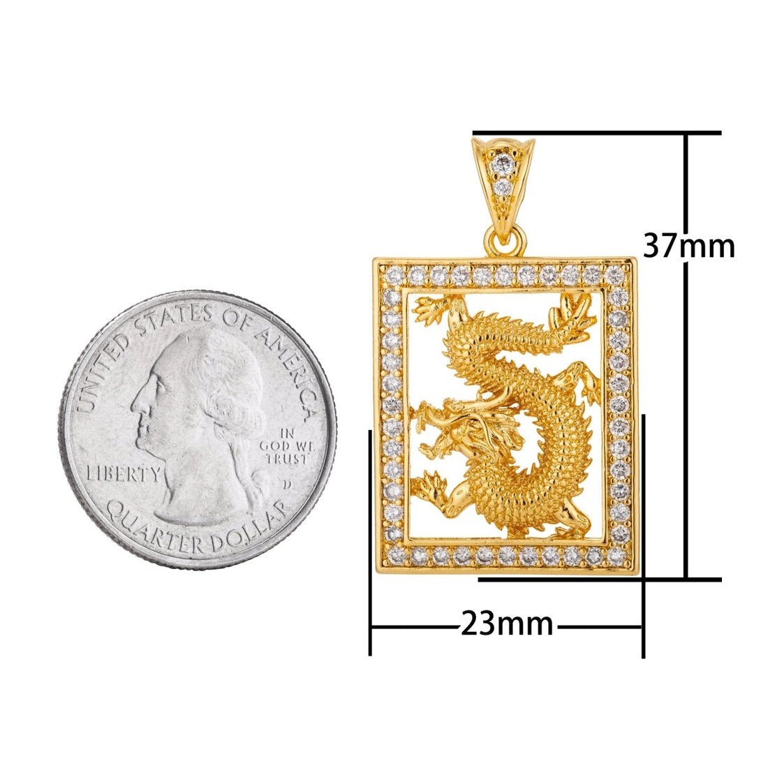 24K Gold Micro Pave CZ Dragon Tablet Pendant Chinese Zodiac Legend Animal Charm