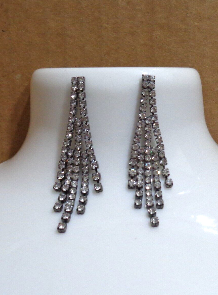 Gothic Black Metal & Rhinestones Dangle Post Earrings 2″ long Fashion