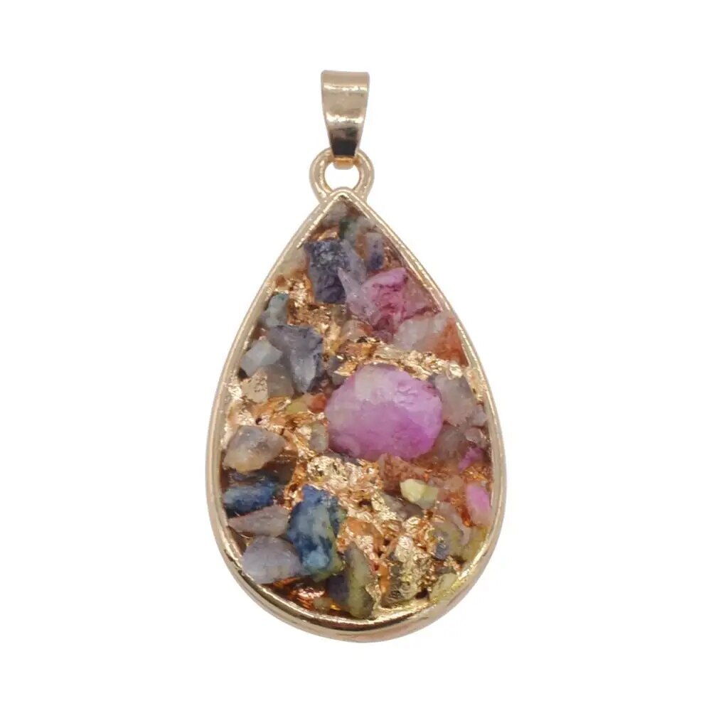 Geometric Colorful Nature Stone Necklace Tear Drop Crystal Pendant for Women Men