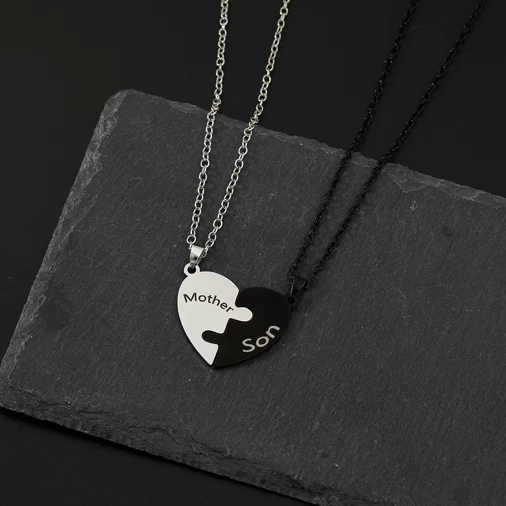 Mother Son Puzzle Heart Necklace Set Black Silver Stainless Steel Matching Gift