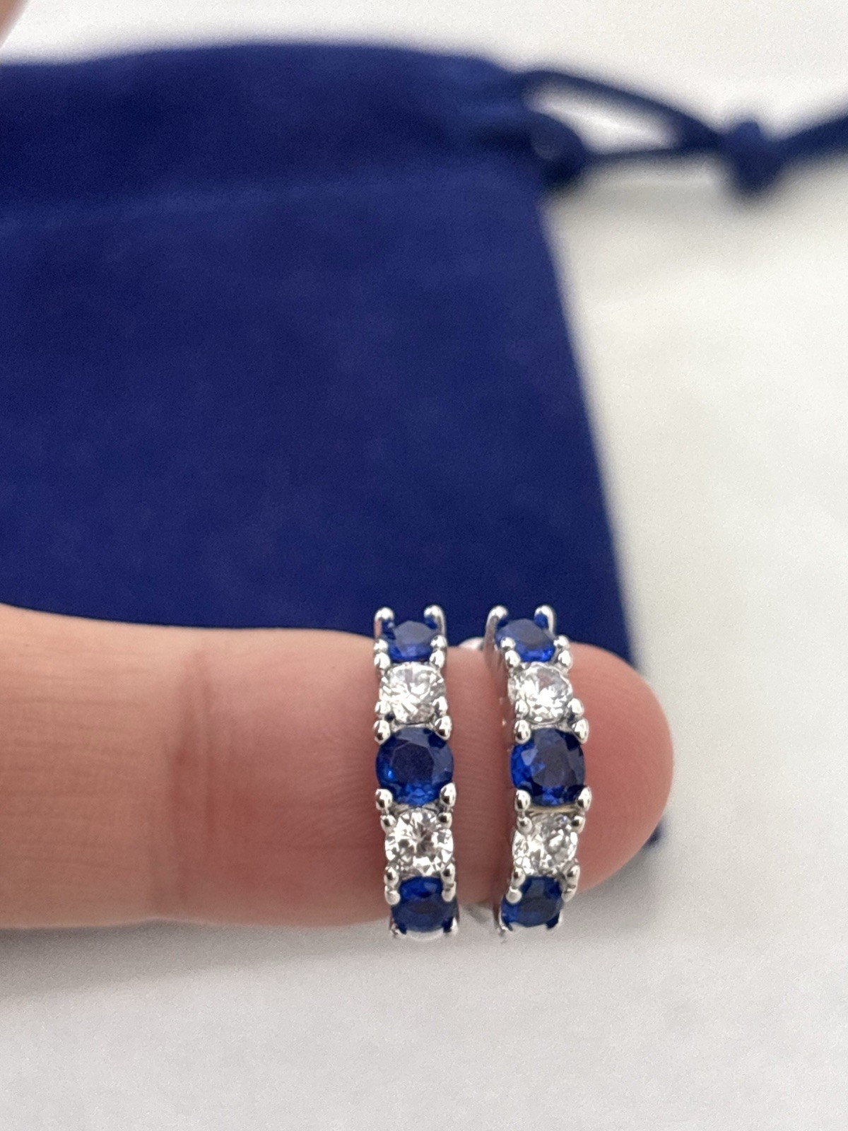 Sterling Silver Blue Sapphire CZ Huggie Hoop Earrings 925 Cubic Zirconia Gift