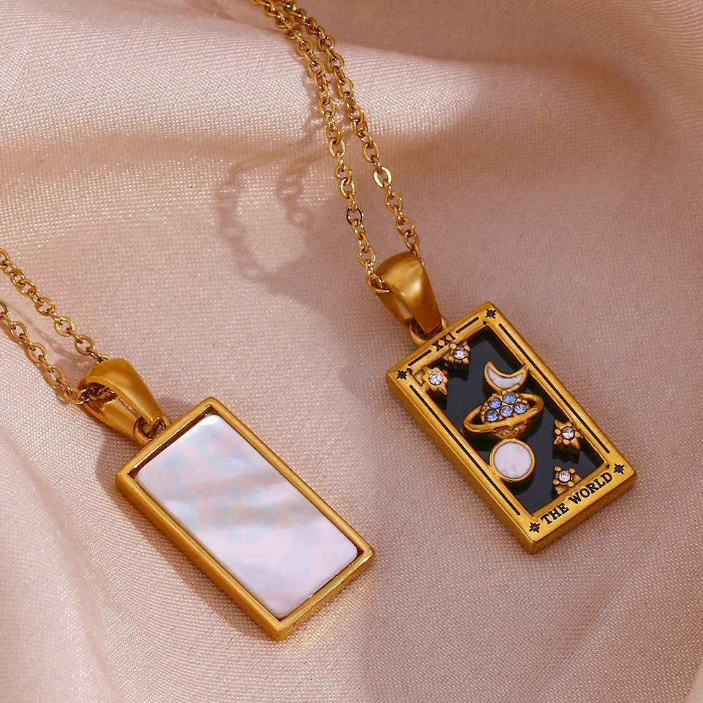 Tarot Card Rectangular Stainless Steel Enamel Zircon Fashion Pendant Necklace