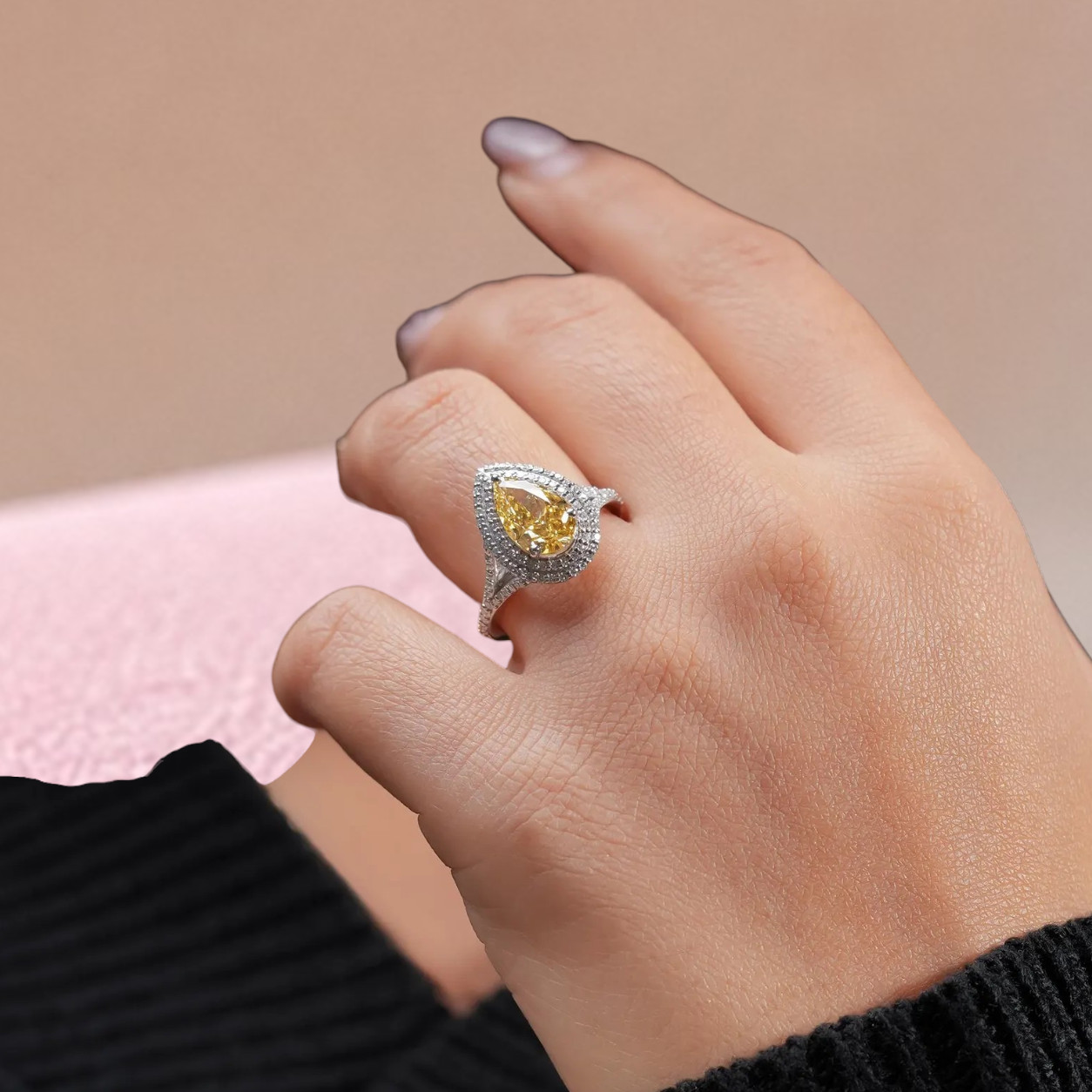Fancy Intense Yellow Diamond Ring IGI Lab Grown 3.70 Ct Pear Cut 14K White Gold