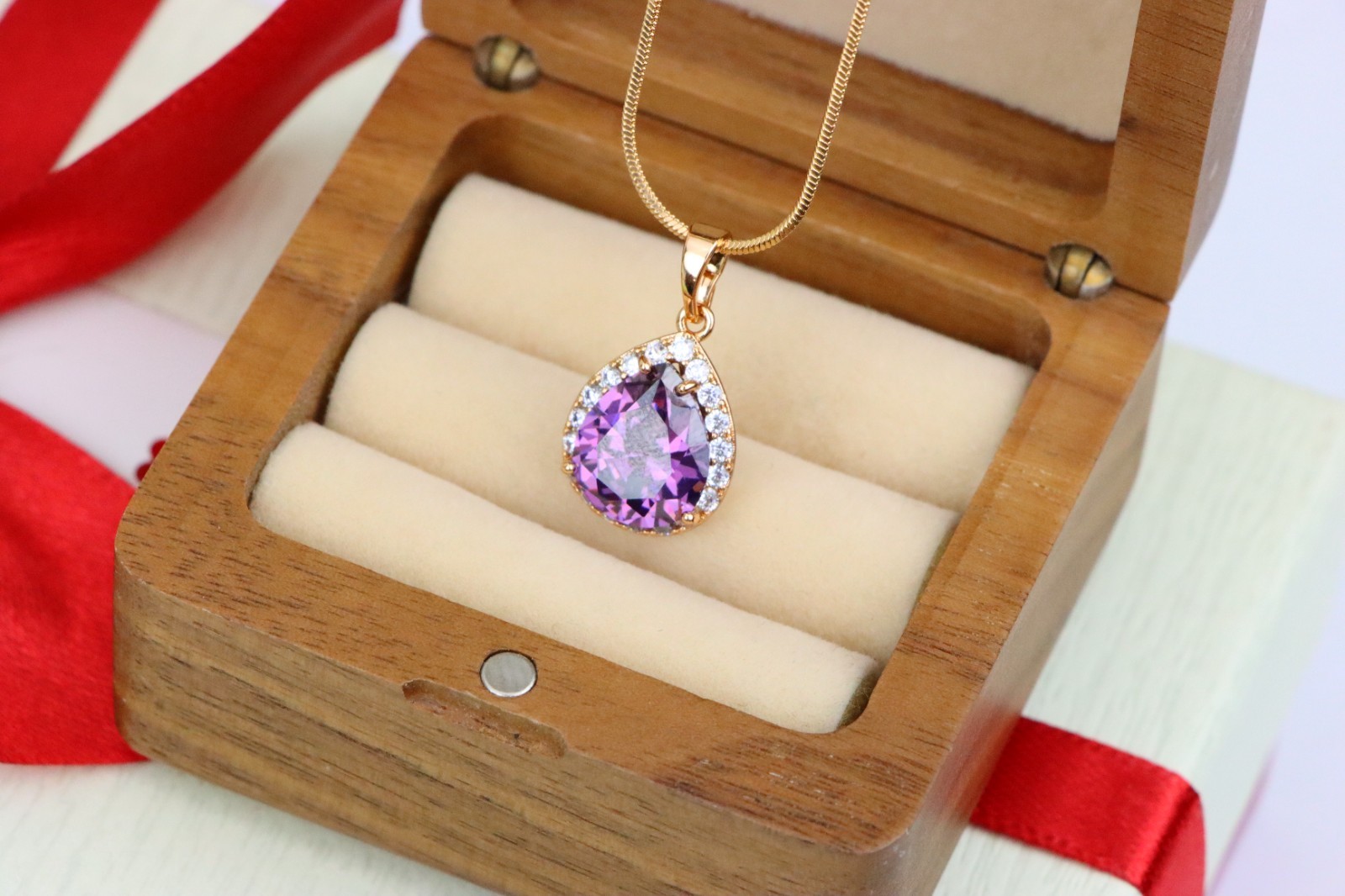 with Crystal Halo in Elegant Rose Gold Finish, XPPT1615 Teardrop Purple Pendant