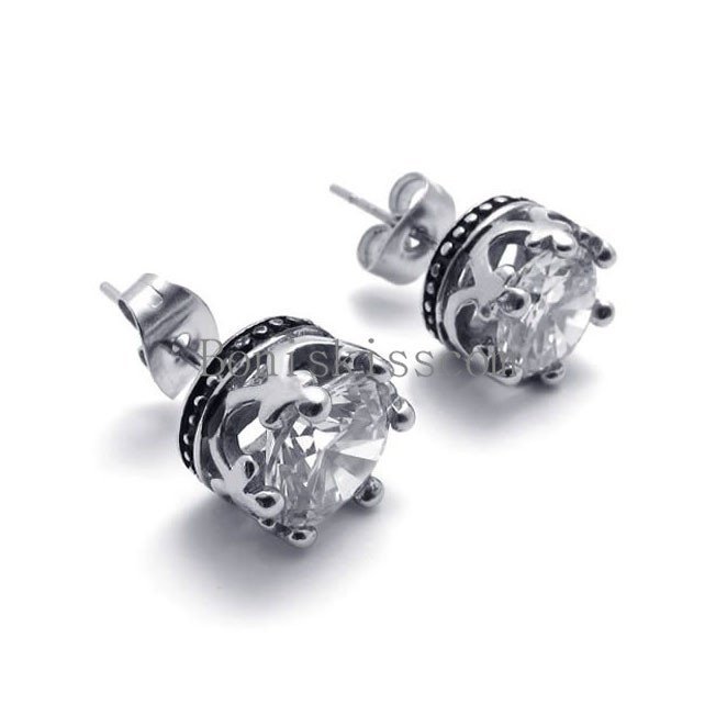 Women’s Men’s Round Crown Cubic Zirconia Silver Stainless Steel Stud Earrings