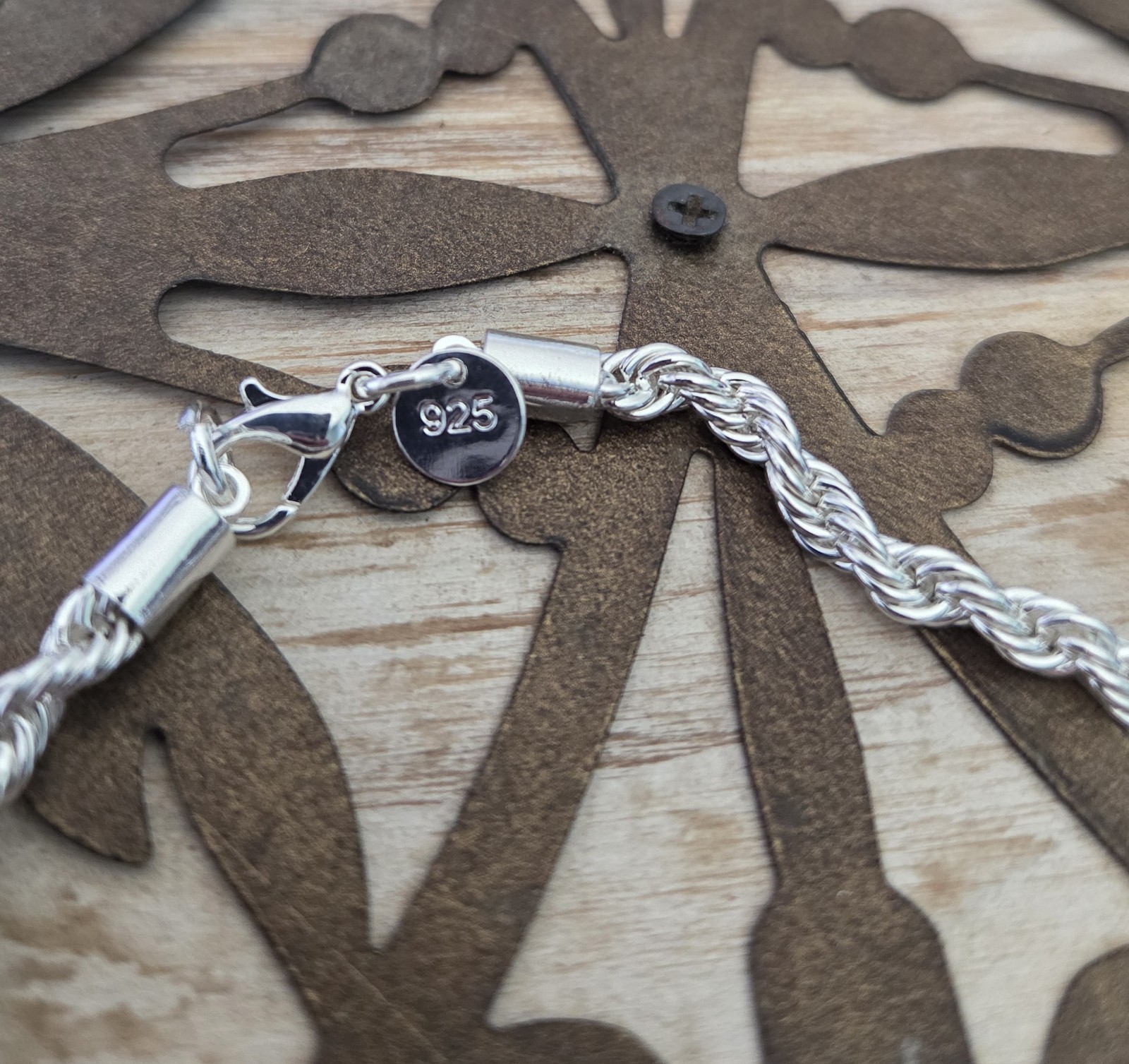 925 Sterling Silver Rope Chain Bracelet, Lobster Clasp Closure, Silver
