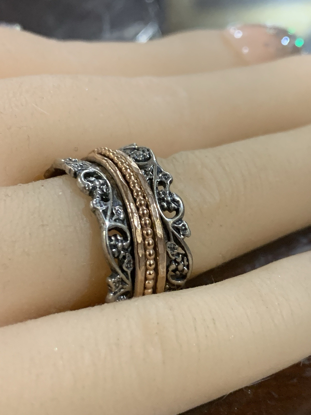 PZ PAZ Creations Israel Sterling Gold Rose Gold Spinner Ring – Size7.75
