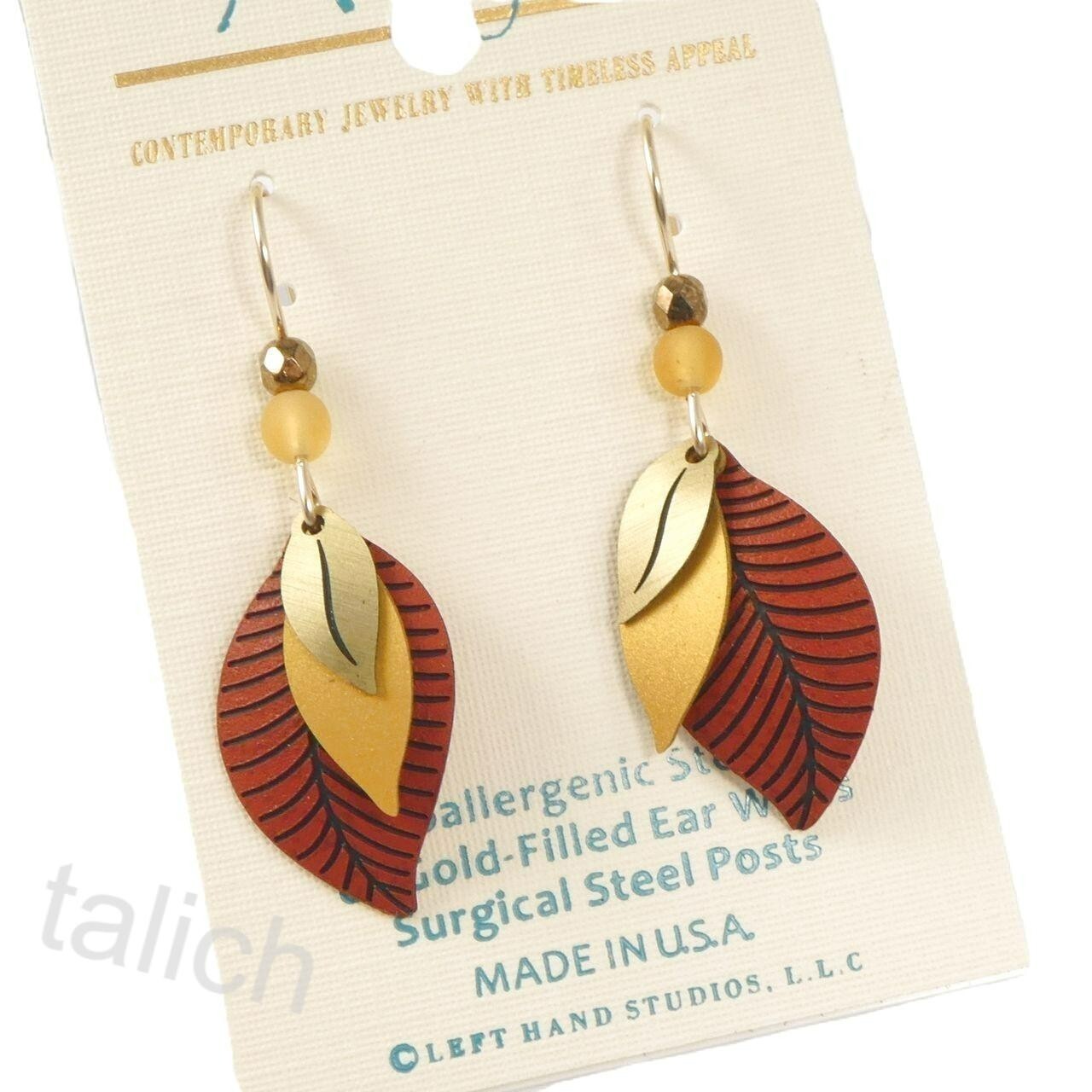 Adajio Earrings 14K Gold Filled Hook 3 Part Rust Brass Leaves Handmade USA 7023
