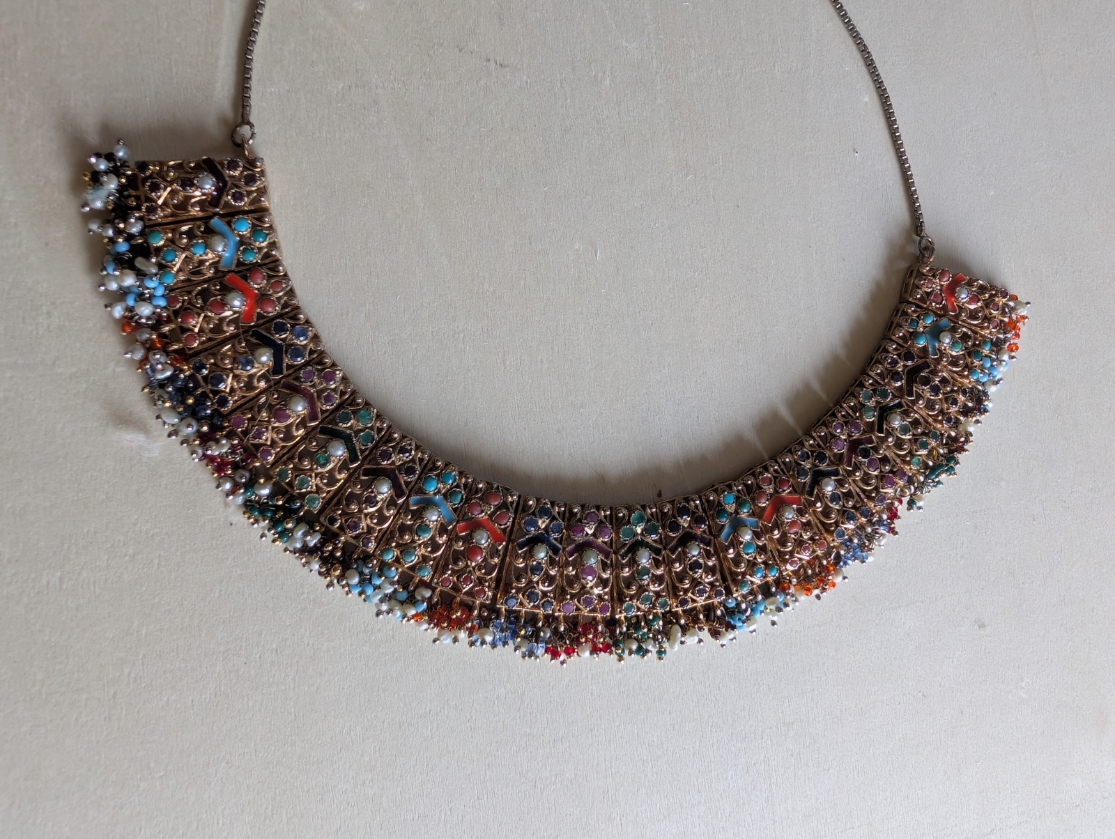 Multicolor Semiprecious Bib Collar Necklace Snake Chain Hook Clasp