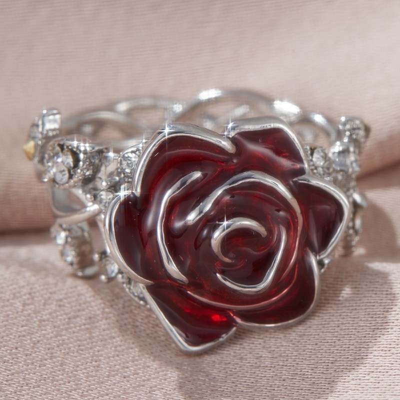 Red Rose Flower Ring Zircon Crystal Floral Statement Jewelry Gift for Women