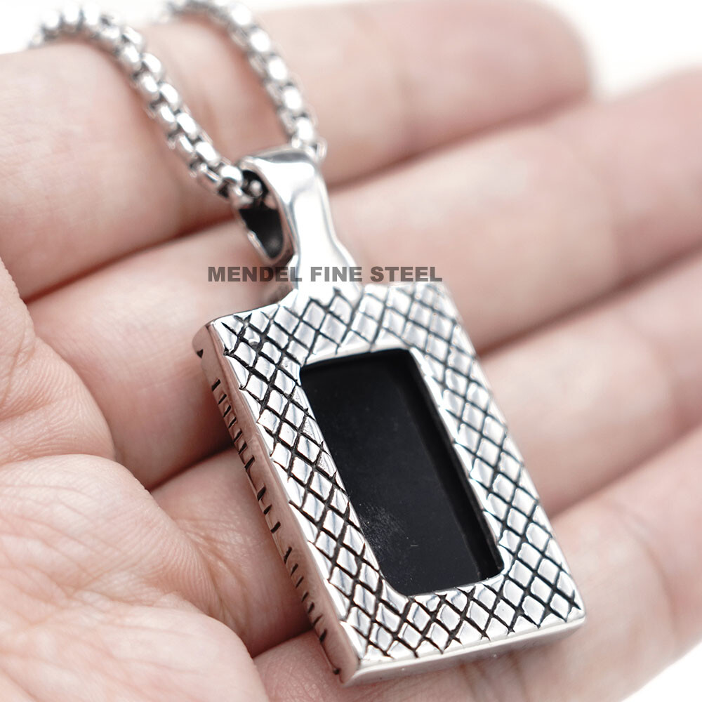 MENDEL Stainless Steel Mens Hip Hop Black Obsidian Stone Pendant Necklace Men