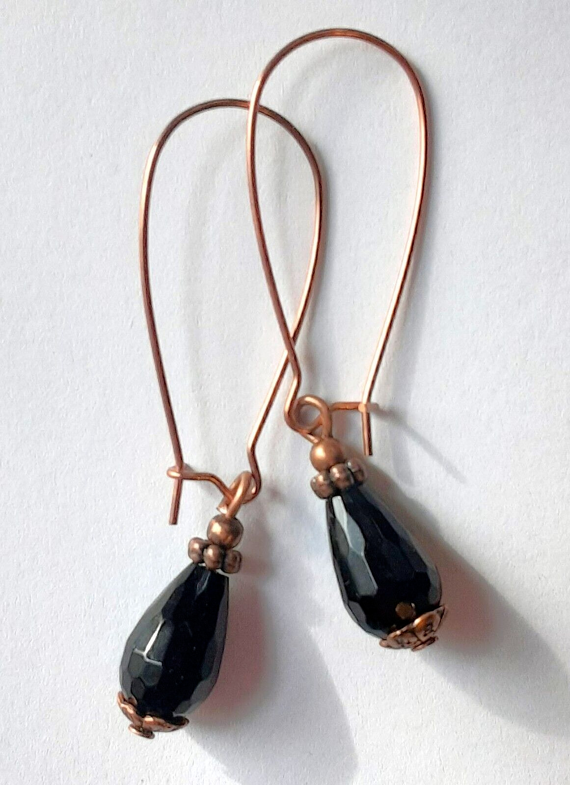 ONYX BLACK faceted dangle earring COPPER KIDNEY WIRE HANDCRAFTED K2TA