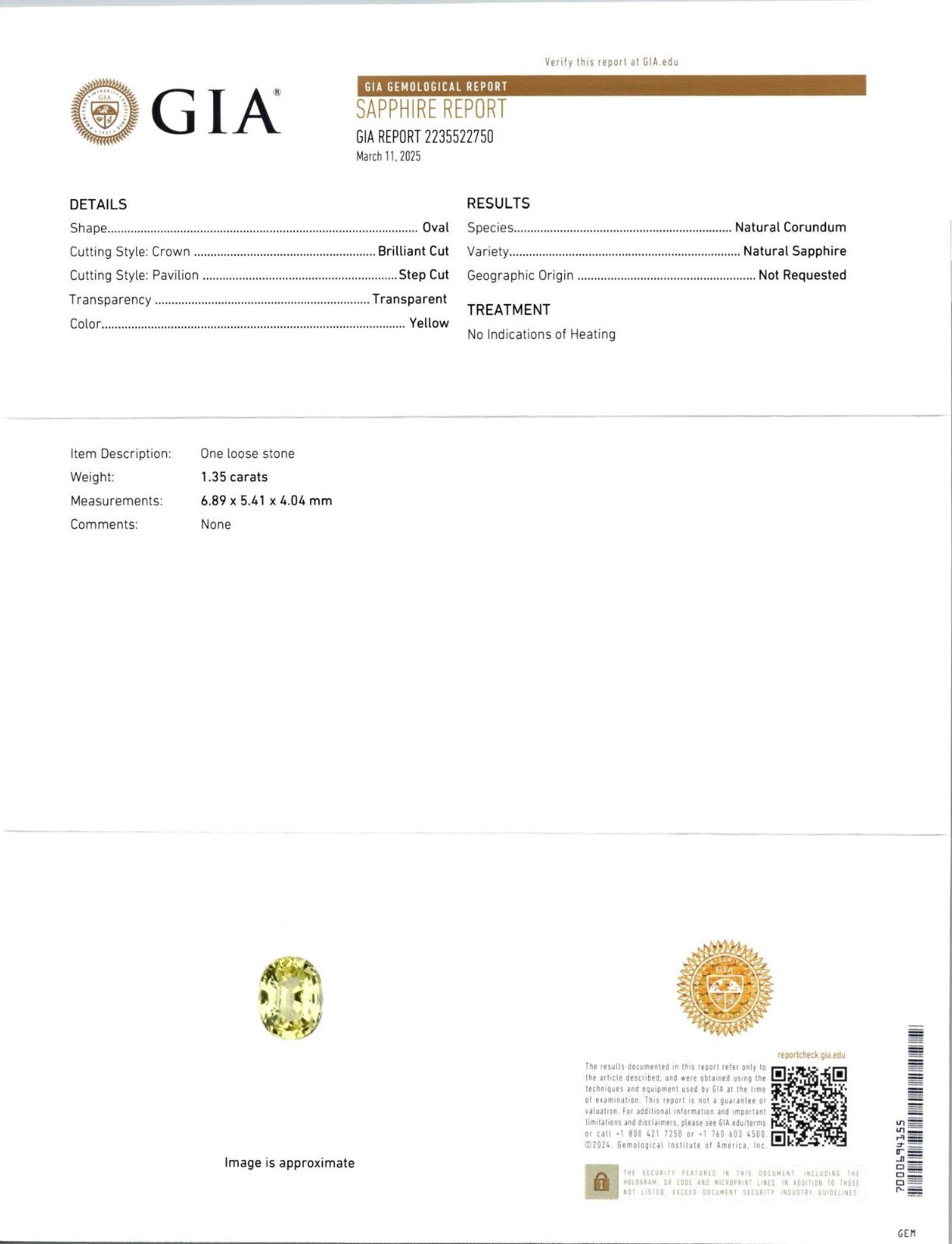 Unheated GIA Certified Yellow Sapphire 1.35 Carat Soiltaire Ring U147