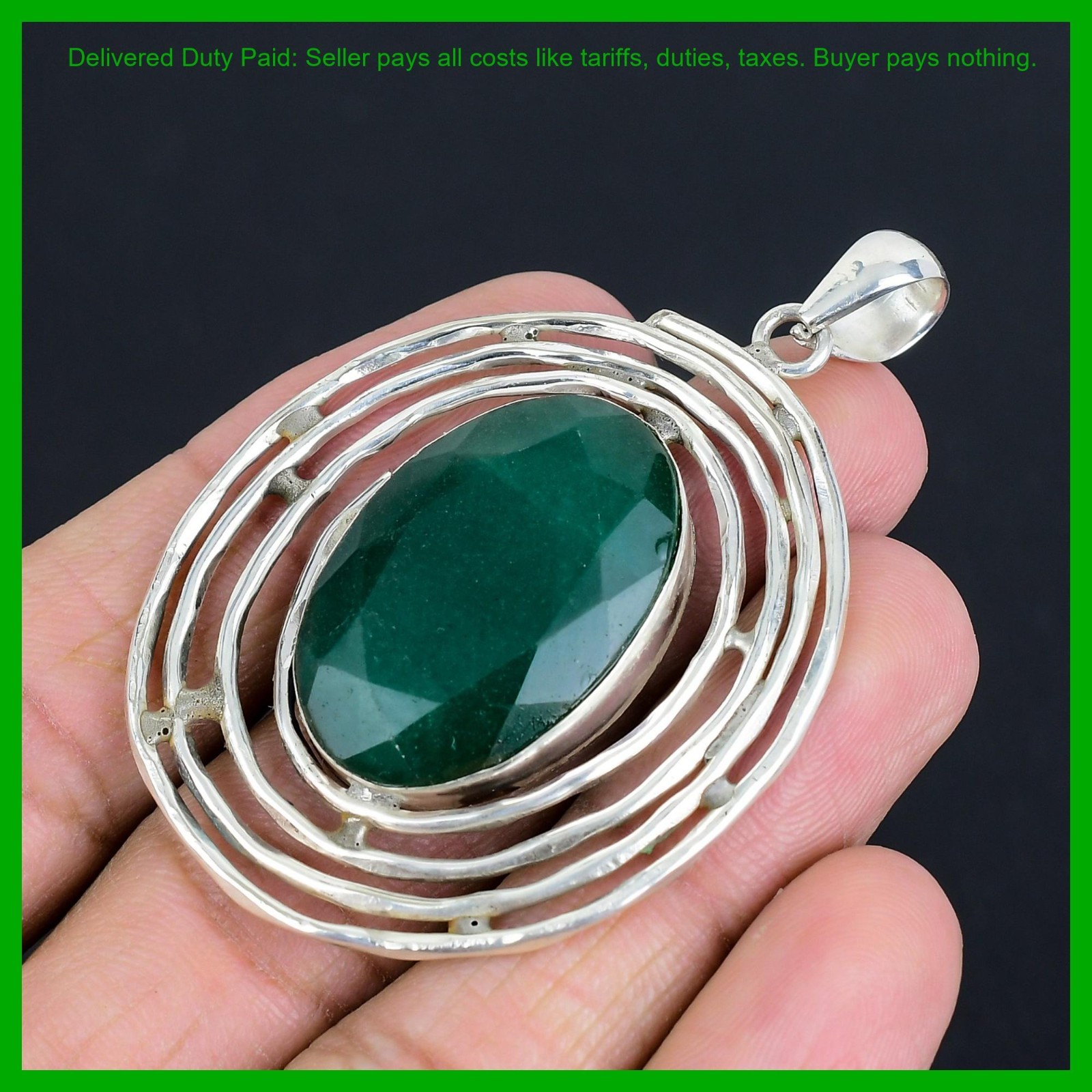 Valentines Sale Oval Natural Zambian Emrald Handcrafted Pendant Sterling Silver