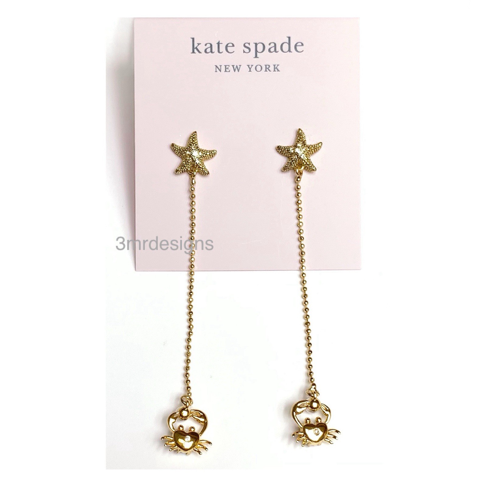 NWT Kate Spade SEA STAR CRAB 12-K Gold Plated CZ Stone/Glass Pearl Drop Earrings