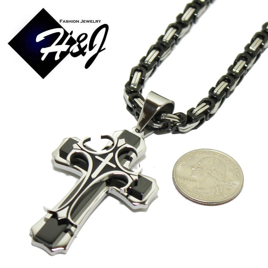 24″MEN’s Stainless Steel 6mm Silver/Black Plated Box Necklace Cross Pendant*BBH