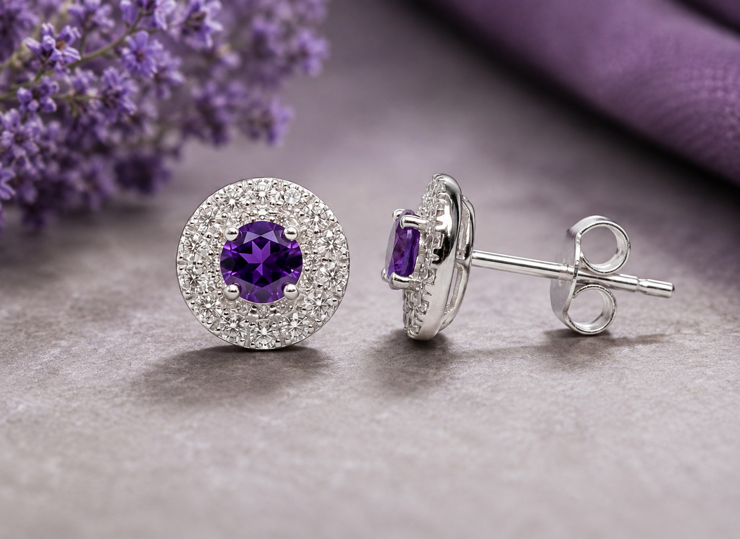 925 Sterling Silver Amethyst Halo Stud Earrings Lab Created February Gift